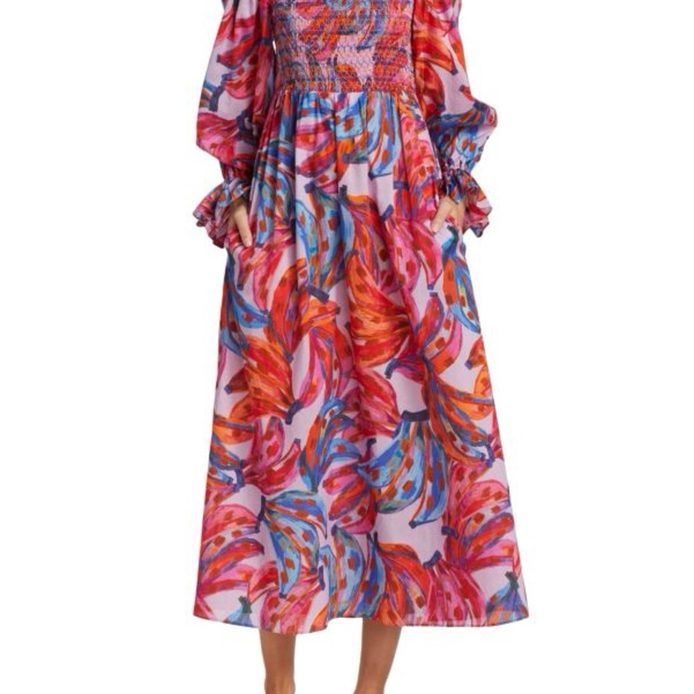 FARM RIO Colored Bananas Smocked Midi-Dress